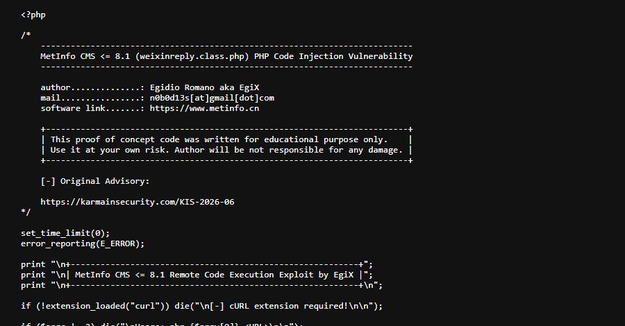 ثغرة CVE-2026-29014 في نظام MetInfo CMS تُستغل لتنفيذ هجمات عن بُعد